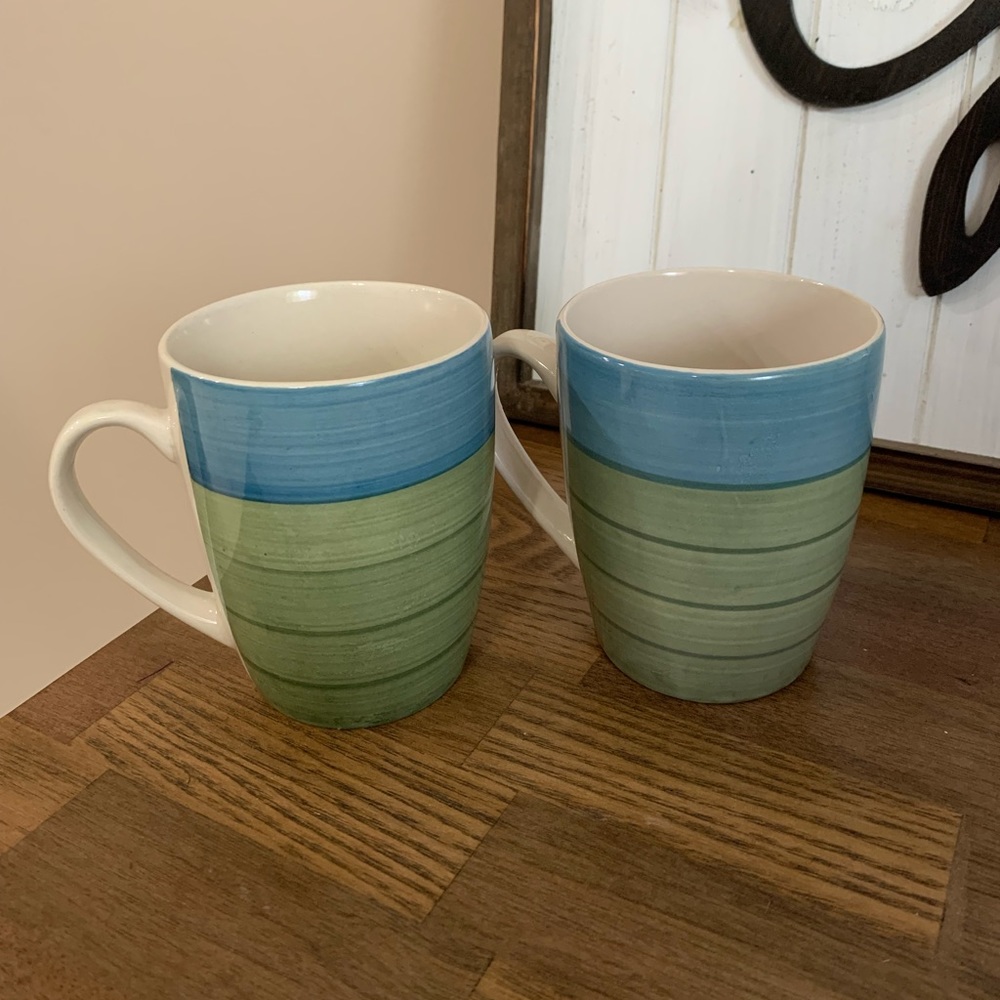 - Pier 1 Stoneware Blue and Green Striped Mugs Set of 2